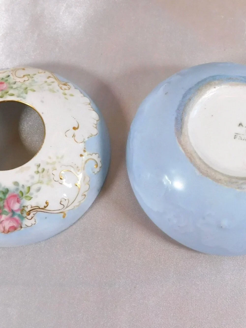 Pale Blue and White Antique Klingenberg Limoges Hair Receiver# 25399